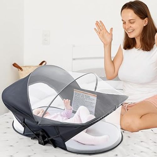 Baby Portable Travel Pod with Mosquito Net and Sunshade Canopy,Easy to Fold and Lightweight,Deep Grey
