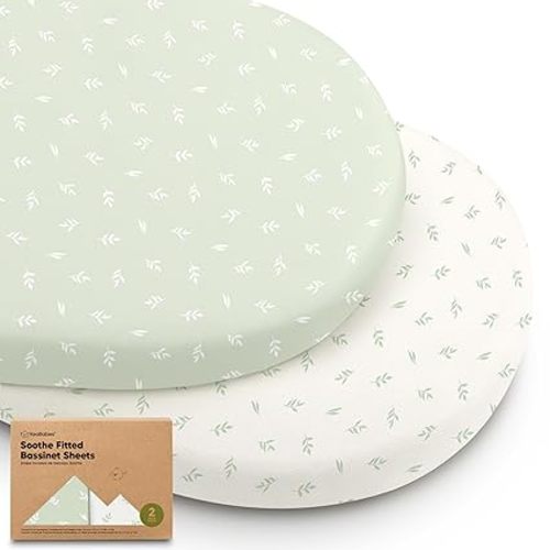 2-Pack Organic Bassinet Sheets for Girls, Boys - 100% Cotton Bassinet Mattress Sheets Compatible with Halo Bassinest Swivel Sleeper, Graco, Baby Delight, Chicco, Unisex Fitted Bassinet Sheets (Herb)