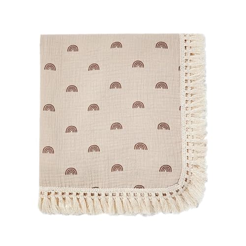 insular Cotton Muslin Baby Blanket with Tassel, Boho Bohemian Muslin Swaddle Blanket Baby Receiving Blanket with Fringe, Nursery Decor Throw or Nursing Blankets, 47" x40”, Khaki Rainbow