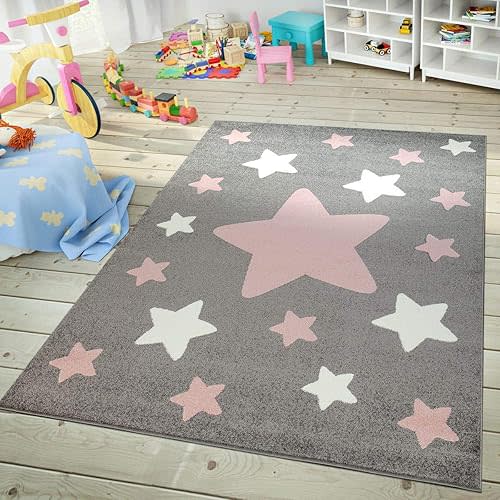 Paco Home Rug for Kids Room & Nursery Starry Sky Star Pattern Playroom in Dark Gray Pink White, Size:5'3" x 7'3"
