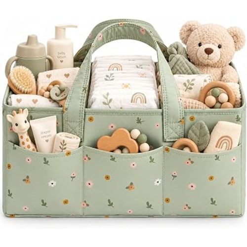 Baby Diaper Caddy Organizer, Floral Baby Basket Shower Gift, Nursery Organizer Basket Newborn Boy & Girl Essential Items, Changing Table Organizer Caddy for Baby Stuff, Car Caddy- Sage Green