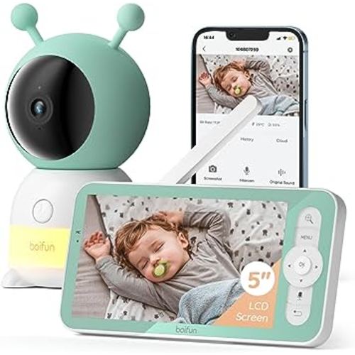 BOIFUN 5" Smart Baby Monitor, 2K WiFi Baby Camera Via Screen and App Control, Temper& Humidity Sensor, Night Vision, 2-Way Talk, Cry& Motion Detection, Free Phone App, Works with iOS, Android(Baby6T)