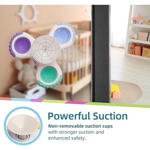LiKee Strong Suction Cup Fidget Rotating Sensory Bath Toys for Baby 12 18 Months Airplane Car Travel Table & Window Toys for 1 2 Years Old Toddler Boys and Girls (Space-1)