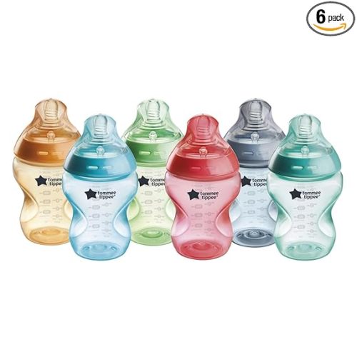 Tommee Tippee Natural Start Anti-Colic 9 oz BPA Free Baby Bottles, 0+ Months, Slow Flow Breast-Like Nipple, Self Sterilizing, Designed for Seamless Transition Between Bottle & Breast, Fiesta,Pack of 6