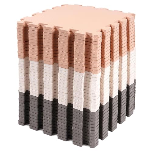 BalanceFrom 16-Pack 12x12 Inches EVA Interlocking Foam Play Tile Mat, Cream/Gray/Beige – 0.4-Inch Thick Non-Slip Puzzle Flooring for 16 Square Feet in Playroom, Nursery, or Playpen at Home