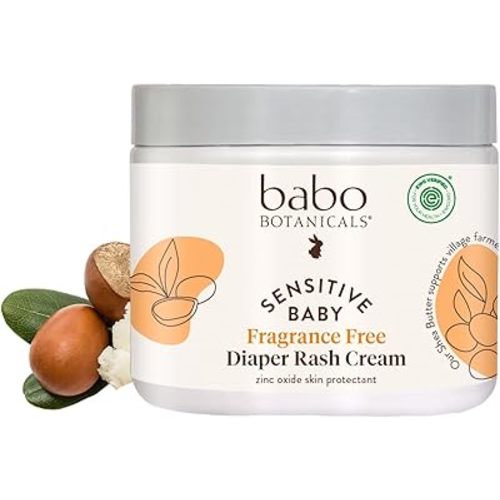 Babo Botanicals Sensitive Baby Fragrance-Free Diaper Cream - 25% Natural Zinc Oxide - Calendula, Shea & Cocoa Butter - EWG Verified - Vegan- from Birth on - 6 Ounce Jar