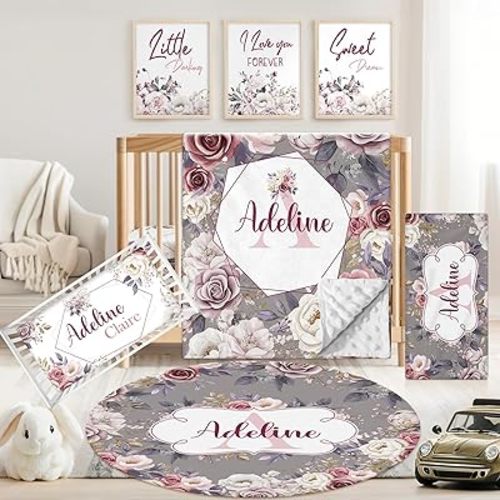 Personalized Baby Crib Bedding Set, 5 Pcs Custom Name Nursery Bedding Set for Girls Boys, Rose Baby Crib Set for Toddlers Infants, Double Layer Bedding Crib Sets Customized Gifts
