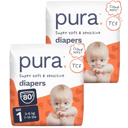 Pura Baby Diapers Size 1 (7-14 lbs) 80 Count Sensitive Skin | Cloud Soft, Totally Chlorine Free*, Wetness Indicator, Umbilical Cutout, Allergy UK Certified