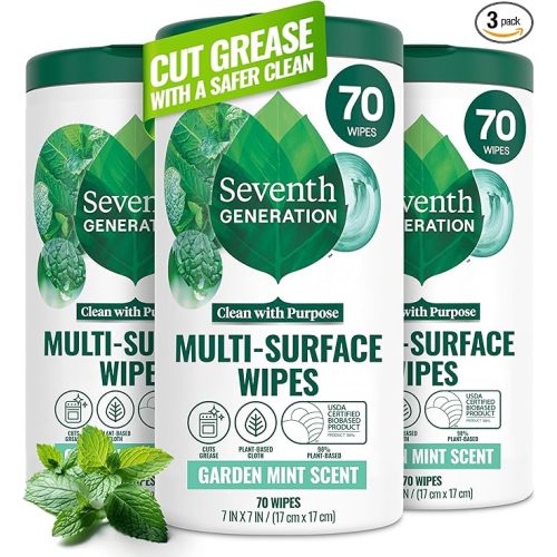 Seventh Generation Multi Purpose Wipes All Purpose Cleaning Garden Mint scent with 100% Essential Oils and Botanical Ingredients,70 Count (Pack of 6)