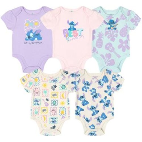 Disney Lilo & Stitch Newborn Baby Girls 5 Pack Bodysuits Beige / Pink Turquoise Purple Newborn
