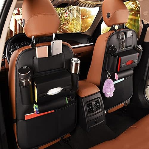 2 Pack PU Leather Premium Car SeatBack Organizer Travel Accessories Kick mats Back seat Protector and Cup Holder Holder Universal Use Seat Covers Black