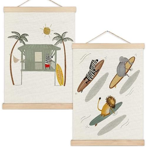 RYYCDOI Beach Nursery Decor, Woodland Animals Surfing Beach Wall Art Poster for Kids Room Nursery Playroom Decor, Coastal Nursery Decor, Woodland Animal Nursery Decor, 12x16 Inches Set of 2