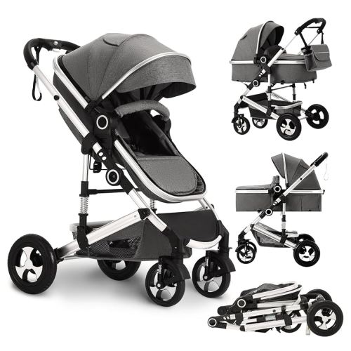 Convertible Baby Stroller, 3 in 1 Folding Infant Stroller, High Landscape Pushchair w/Adjustable Backrest & Canopy, Newborn Pram with Foot Cover, Storage Basket, Dark Grey