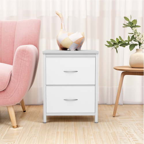 Nightstand, Set of 2 Bedside Table with 2 Storage Drawers, Wooden Top Fabric Cabinet Kids Mini Dresser for Bedroom, Closet, Entryway, College Dorm, White