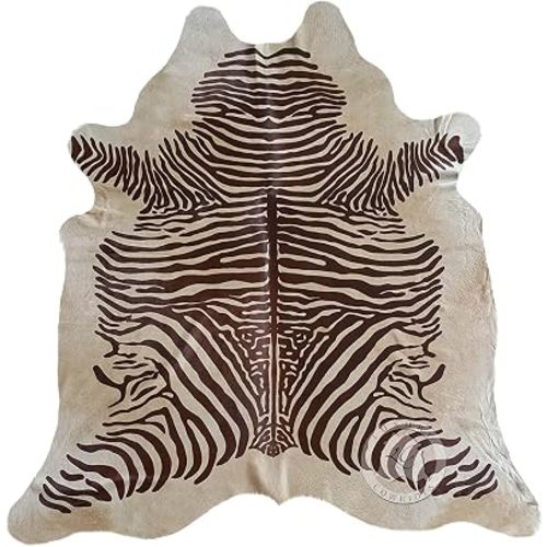 Sunshine Cowhides 100% Genuine Zebra Print Brown on Beige Cowhide Rug - Modern Style Animal Skin Rug & Floor Carpet for Living Room, Bedroom, Kitchen & More - Large (6x6-7ft)