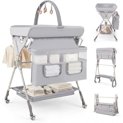 INFANS Portable Baby Changing Table with Wheels, Adjustable Height