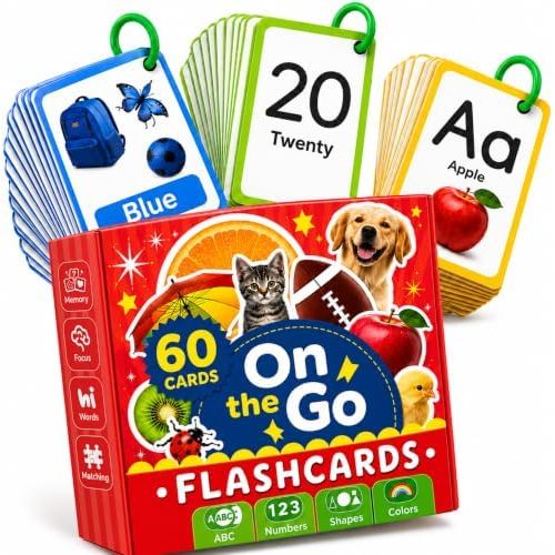 60 Toddler Flash Cards with Rings, Flash Cards for Toddlers 1-3, Includes ABC Flash Cards, Color Flash Cards, Shapes & Number Flash Cards