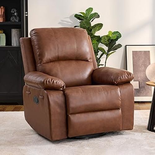 360° Swivel Rocking Leather Recliner Chair for Adults, Overstuffed Manual Recliner with Spring Cushion, Glider Rocking Nursery Single Sofa with Side Pockets for Living Room, Camel