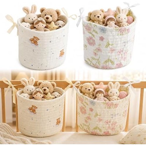 Baby Playpen Organizer Hanging Baskets, 2 Pack Cotton Nursery Storage for Toys & Books, Crib Caddy Bedside Organizer, Baby Organizers and Storage for Baby Shower, Bear & Floral