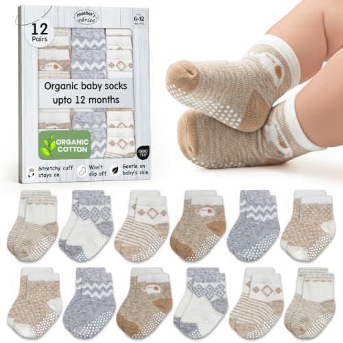 Organic Cotton Blend 12 Infant Socks Baby Registry Gift Sock 6-12M | Oeko-Tex Certified, Ankle Socks, 12 Pairs, Baby Socks 12 Months, Baby Non Slip Socks, Brown & White, For Baby Boys, 6-12