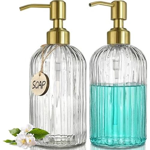 JASAI 2PACK 18Oz Fluted Glass Soap Dispenser with Golden Rust Proof Pump, Refillable Kitchen soap Dispenser with Vertical Stripe, Bathroom Soap Dispenser for Dispense Hand soap, Dish Soap, Lotion.