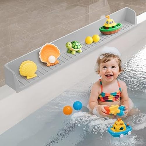 2.6-Ft Bathtub Splash Guard for Tub Kids, Silicone Splash Shield with 11 Suction Cups, Toy Tray Shelf, No Spill Water Barrier, Prevents Mess, Fun Bathtime for Toddlers Baby–Gray