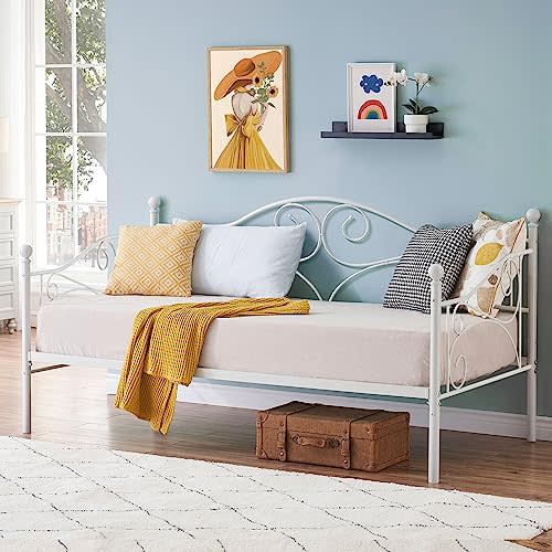VECELO Daybed Frame, Twin Size Metal Platform Bed with Headboard,Heavy Duty Steel Slats Support for Living Room Bedroom Guest Room, Easy Assembly