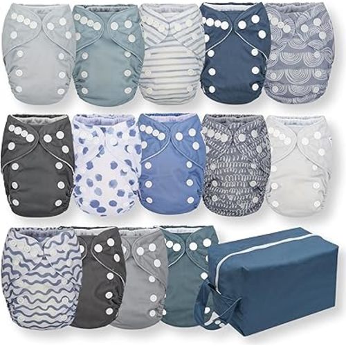 Nora's Nursery Newborn All-in-One Cloth Diaper 14-Pack with Diaper Pod for Clean Storage - Waterproof, Washable, Reusable, and Adjustable for Babies Under 12lbs - Making Waves