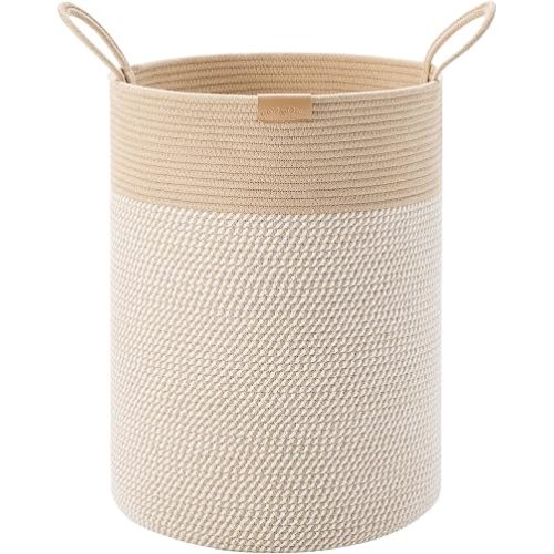 80L Extra Large Boho Laundry Hamper Basket, Tall Woven Hamper for Bedroom, Cotton Rope Laundry Basket for Clothes, 16x22 Inches, Brown