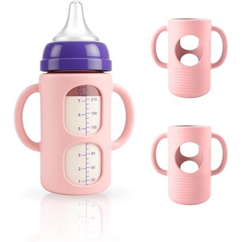 2-Pack Silicone Sleeves for New Lansinoh & Pigeon Glass Baby Bottle, BPA-Free Drop-Resistant Baby Bottle Sleeves with Handles, Compatible with New Lansinoh & Pigeon Glass Bottles (8 oz)