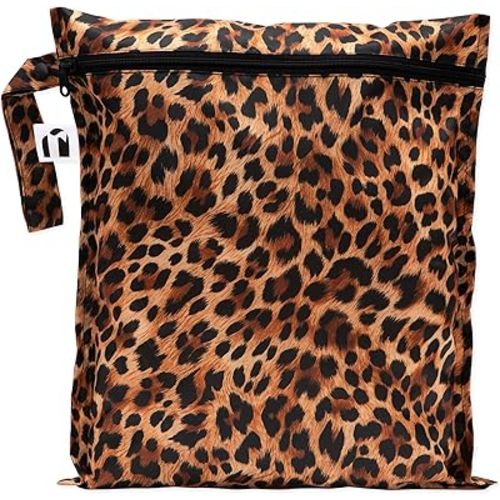Bumkins Roamio Waterproof Wet Bag for Baby, Travel, Swim Suit, Cloth Diapers, Pump Parts, Pool, Beach, Gym Clothes, Toiletry, Hook to Stroller, Daycare, Zip Reusable Wetdry Pack Pouch, Leopard Print