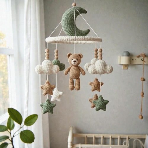 Handmade Crochet Bear Mobile, Moon Cloud Hanging Mobile, Neutral Nursery Room Decor