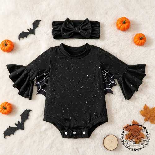 Infant Black Spider Web Bodysuit, Bat Wing Halloween Set, Long Sleeve Romper, Baby First Halloween Photoshoot Outfit