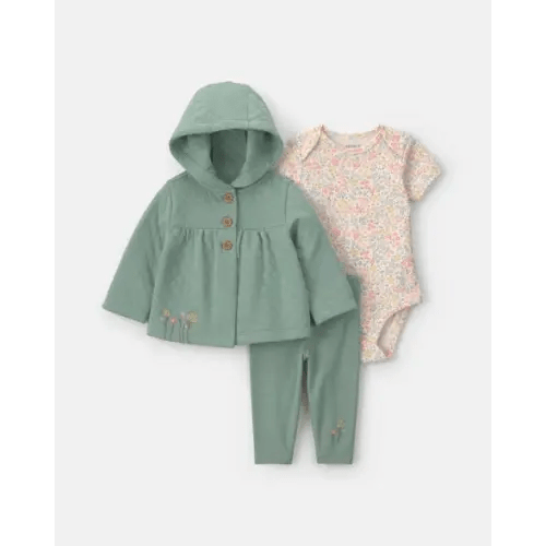 Baby Girl 3-Piece Flower Quilted Long-Sleeve Hooded Layering Set - Green | Carter's