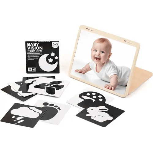 IEATFO Tummy Time Play Set Adjustable Angle, Double-Sided Design, Montessori Tummy Time Toys Large Baby Safe Mirror and Card Display Stand with Black and White High Contrast Baby Cards