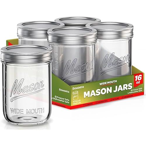 SEWANTA Wide Mouth Mason Jars 16 oz [5 Pack] With Mason Jar Lids and Bands, Mason Jars 16 oz - For Canning, Fermenting, Pickling - Jar Décor - Microwave/Freeze/Dishwasher Safe.