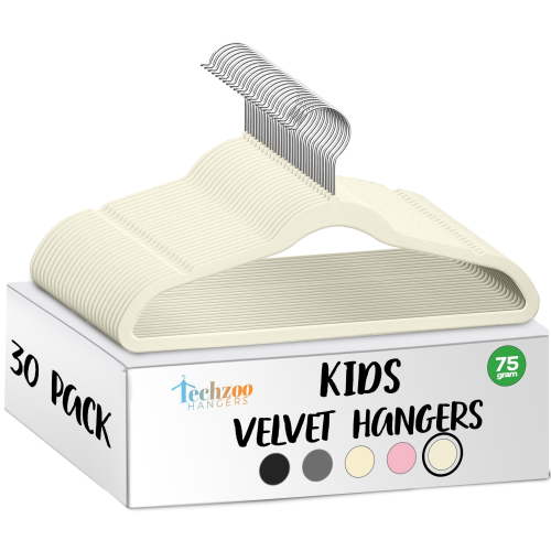 Techzoo Premium Kids Velvet Hangers 30 Pack – 14" Non Slip Felt Cloth Hangers for Closet – Ultra Slim, Space Saving Kids Clothes Hangers with 360° Swivel Hook, Toddler Children Kids Hangers – Ivory