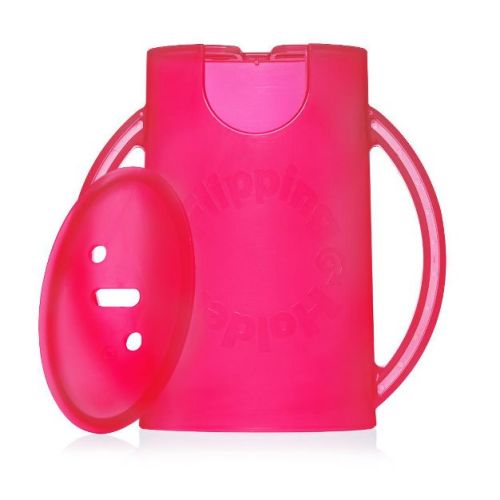 Flipping Holder Food Pouch Holder No Squeeze, flips over to hold drink boxes and juice pouches, easy grip handles and lid (Pink)