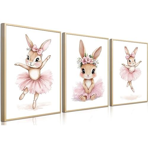 Baby Girl Nursery Wall Decor, Easter Nursery Canvas Wall Art Paintings Set of 3, Cute Animal Pink Bunny Posters Prints Pictures for Boys and Girls Room, Bedroom, Home Decor 12x16 In Framed