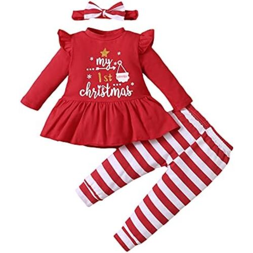 Noubeau My 1st Christmas Baby Girl Outfits Ruffle Santa Tree Print Tunic Drees Shirt Plaid Stripe Pants Fall Clothes