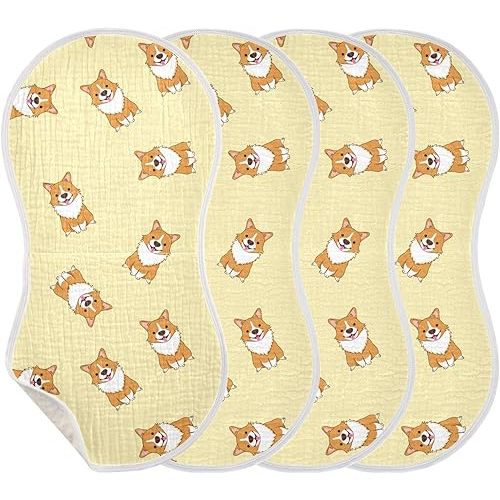 Cute Corgi Dog Pattern Muslin Burp Cloths for Baby 4 Pack Soft 100% Cotton Baby Washcloths Bibs for Boy Girl