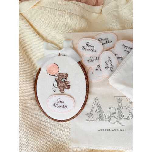 Baby monthly milestone hoop with embroidered teddy, personalised newborn photo prop gift