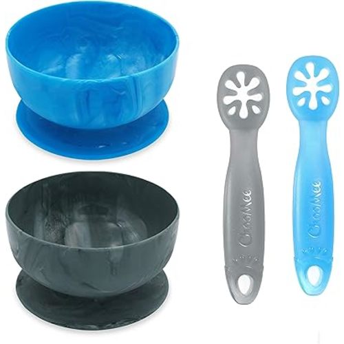 ChooMee Baby Suction Bowl & FlexiDip Learning Utensil Set, 4 CT Small, Blue Gray