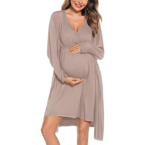 SWOMOG Women Maternity Nursing Gown and Robe Set 3 in 1 Labor Delivery Nursing Nightgown for Breastfeeding Hospital Bathrobe