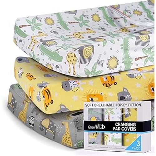 GROW WILD Changing Pad Cover 3 Pack | Soft & Stretchy Jersey Cotton | Baby Changing Table Pad Cover | Diaper Changing Pad Covers for Girls and Boys (Animals & Safari)