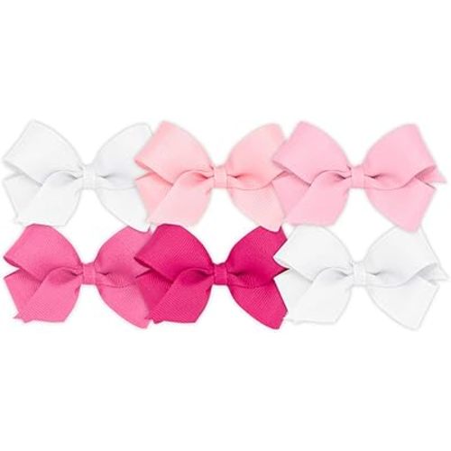 Wee Ones Girls' Mini Bow 6 pc Set Solid Grosgrain Variety Pack on a WeeStay Clip - White, Light Pink, Pearl, Hot Pink, Shocking Pink,One Size