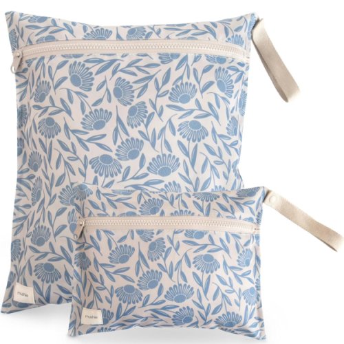 mushie Water Resistant Wet Bags | Large & Small Reusable Storage Bag for Baby Items and Travel | Zippered Pockets with Handle | Machine Washable, Set of 2 (Blue Flowers)