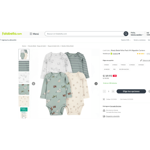 CARTERS
|
Body Bebé Niño Pack X4 Algodón Carters