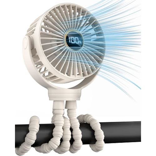 Stroller Fan, Portable Fan, Battery Powered Baby Clip On Fans, 3 Speeds Personal Cooling Fan with Rotatable Handheld for Car Seat Crib Bike Treadmill, Beige-white