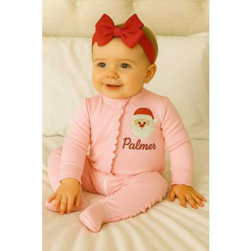 Personalized Santa Baby Girl Onesie • Pink Ruffle Christmas Zip Pajamas • Embroidered Name Outfit • Custom Holiday Sleepwear for Girls